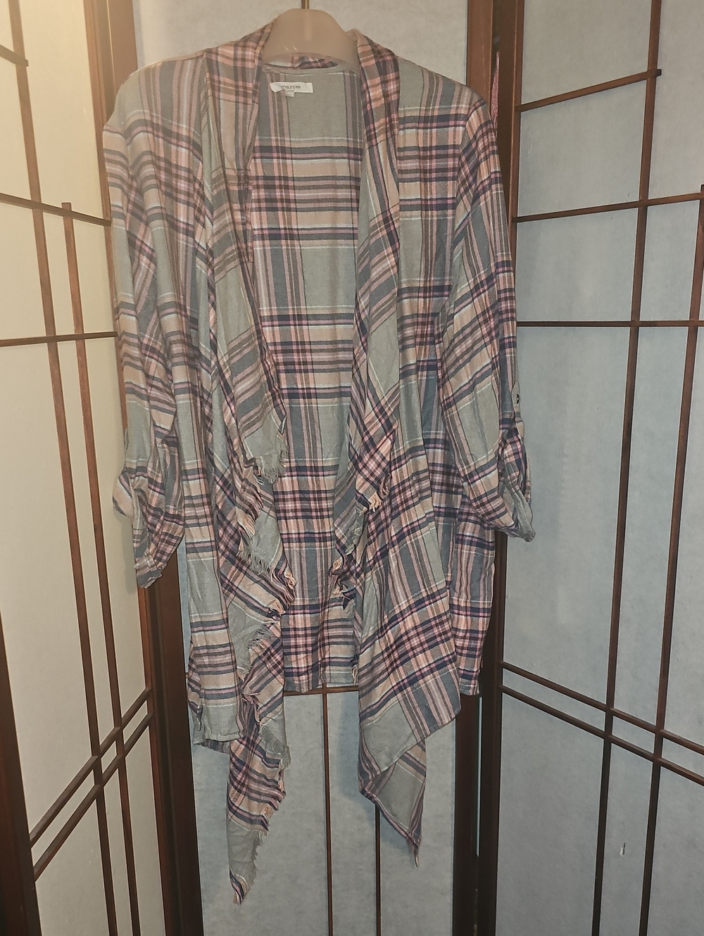 Maurices Pink and Gray Plaid Draped Cardigan